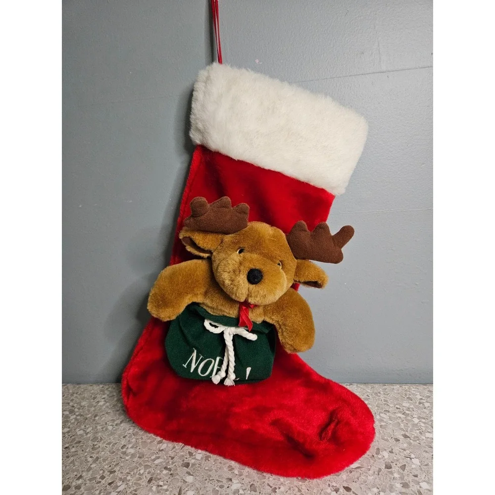 Christmas Stocking Red Reindeer Plush 3D Noel Green Sack Faux Fur Trim 20 Inch